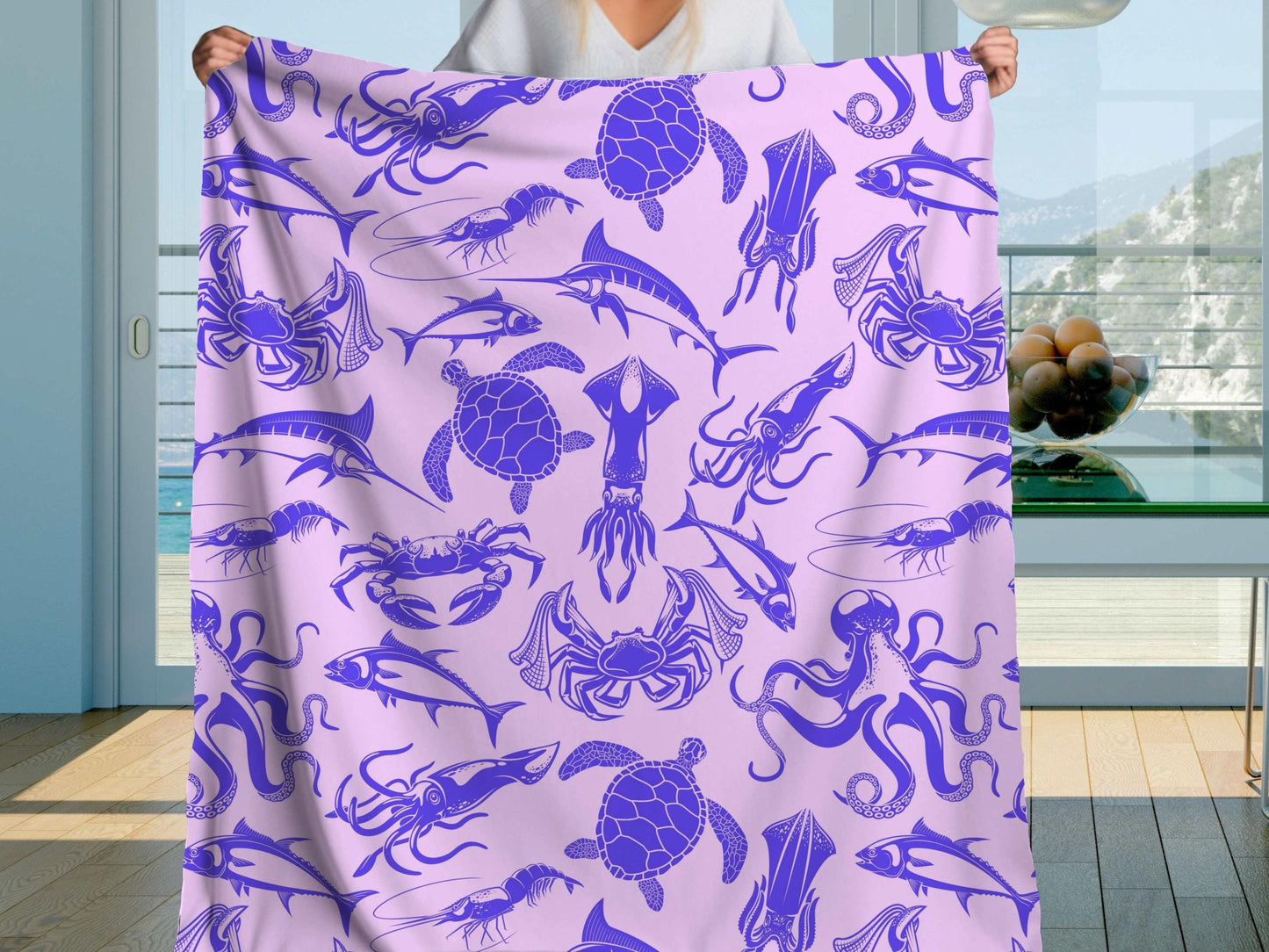 Sherpa Throw Blanket - Purple and Pink Ocean Sea Creatures Pattern Marine Life - Soft Plush Throw Blanket-Jacobson Cottage