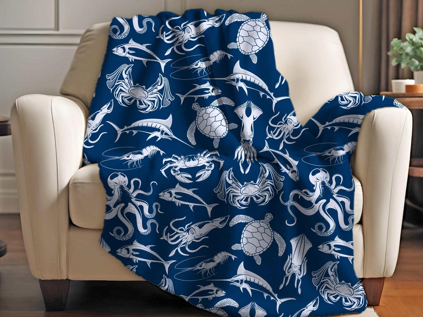Sherpa Throw Blanket - Blanket Navy Ocean Sea Creatures Pattern Marine Life - Soft Plush Throw Blanket-Jacobson Cottage