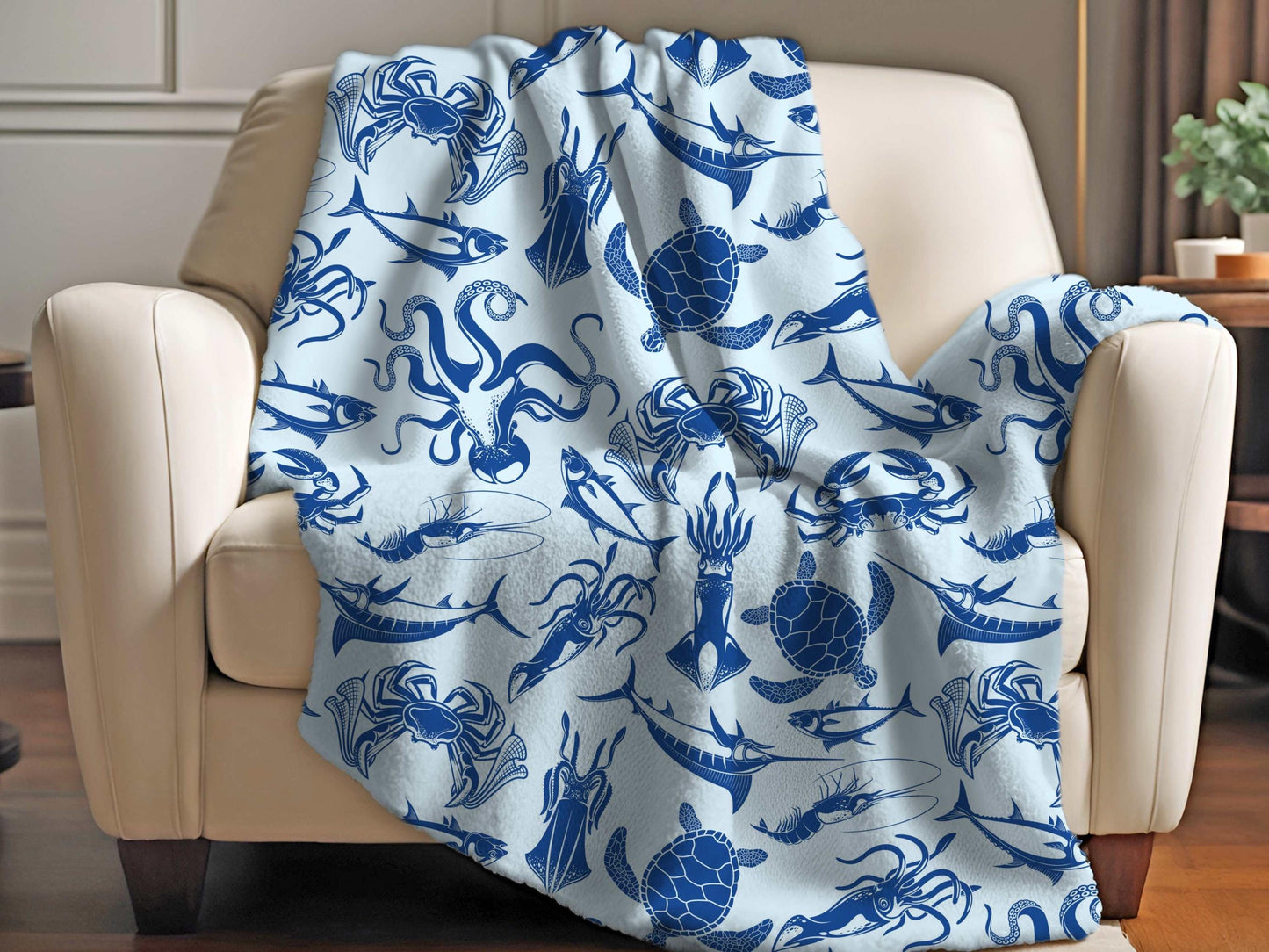 Sherpa Throw Blanket - Ocean life Nautical Blue - Soft Plush Throw Blanket-Jacobson Cottage