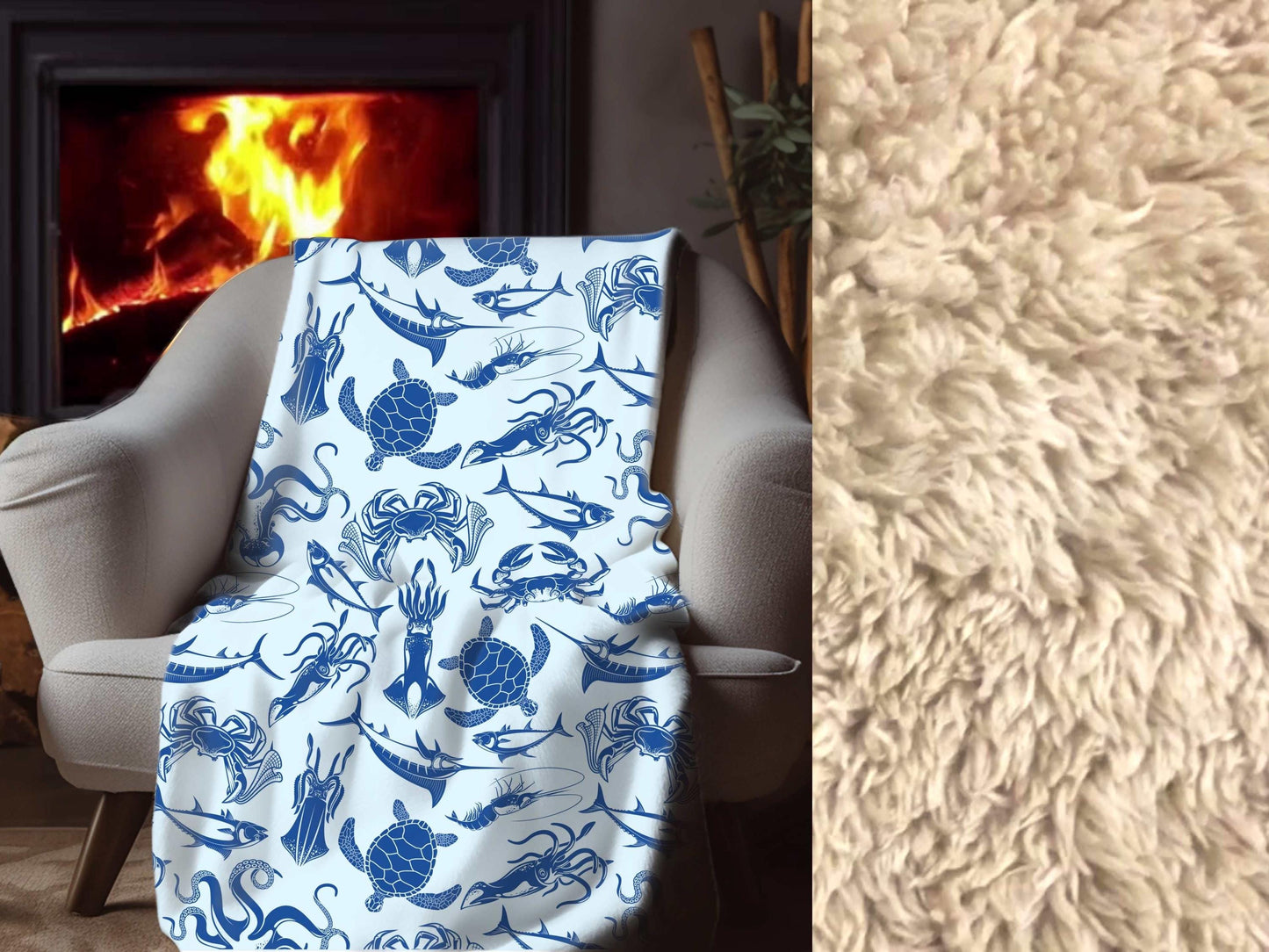 Sherpa Throw Blanket - Ocean life Nautical Blue - Soft Plush Throw Blanket-Jacobson Cottage