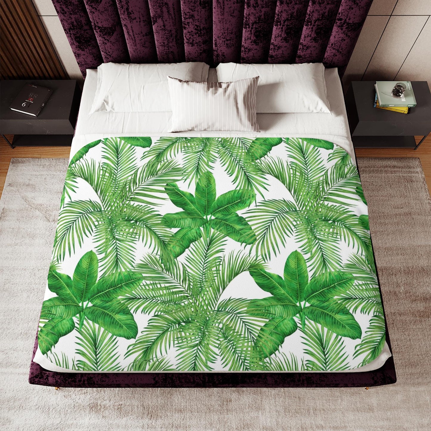 Sherpa Throw Blanket - Tropical Green Palm Leaf Pattern Jungle Inspired - Soft Plush Throw Blanket-Jacobson Cottage
