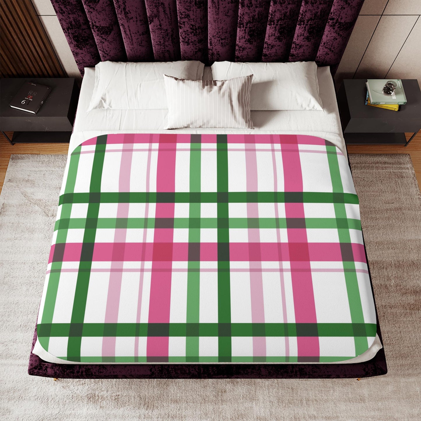 Sherpa Throw Blanket - Pink and Green Plaid Pattern Cozy Farmhouse Style - Soft Plush Throw Blanket-Jacobson Cottage