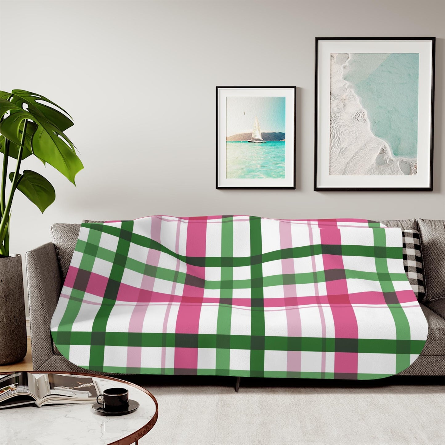 Sherpa Throw Blanket - Pink and Green Plaid Pattern Cozy Farmhouse Style - Soft Plush Throw Blanket-Jacobson Cottage