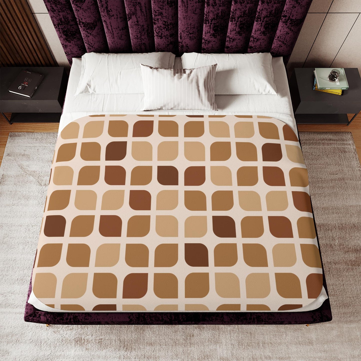 Sherpa Throw Blanket - Sherpa Blanket Retro Brown Geometric Square Pattern Mid-Century Modern - Soft Plush Throw Blanket-Jacobson Cottage