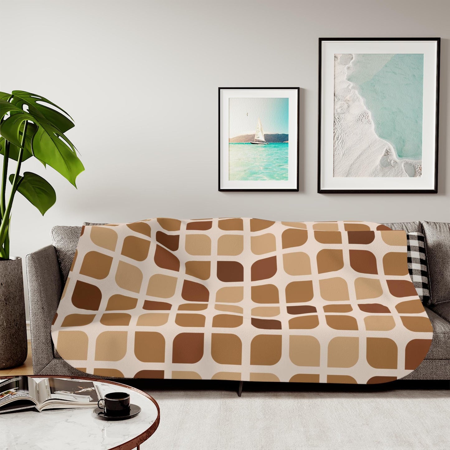 Sherpa Throw Blanket - Sherpa Blanket Retro Brown Geometric Square Pattern Mid-Century Modern - Soft Plush Throw Blanket-Jacobson Cottage