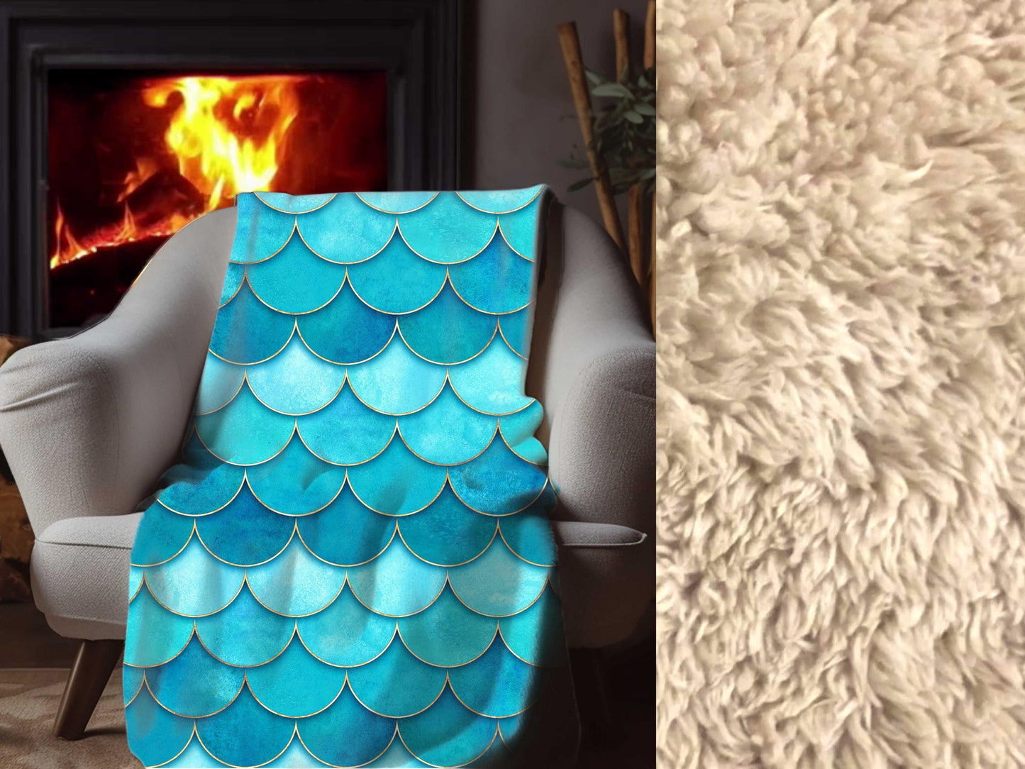 Sherpa Throw Blanket - Teal and Aqua Mermaid Scale Pattern - Soft Plush Throw Blanket-Jacobson Cottage