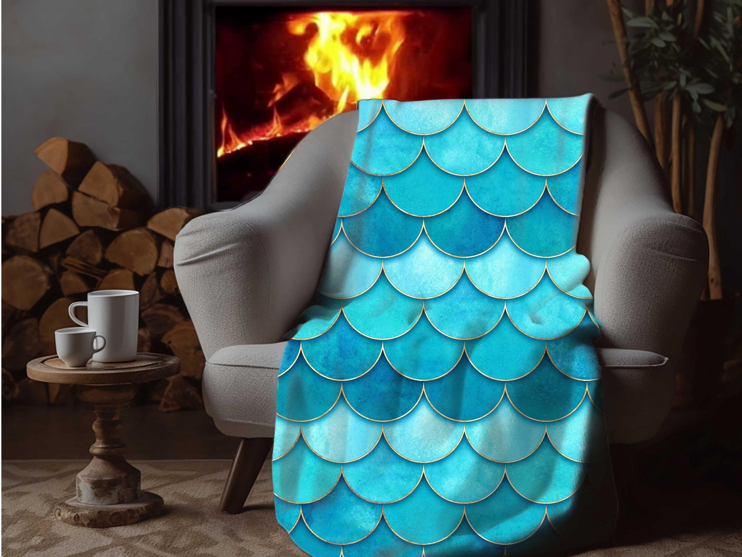 Sherpa Throw Blanket - Teal and Aqua Mermaid Scale Pattern - Soft Plush Throw Blanket-Jacobson Cottage