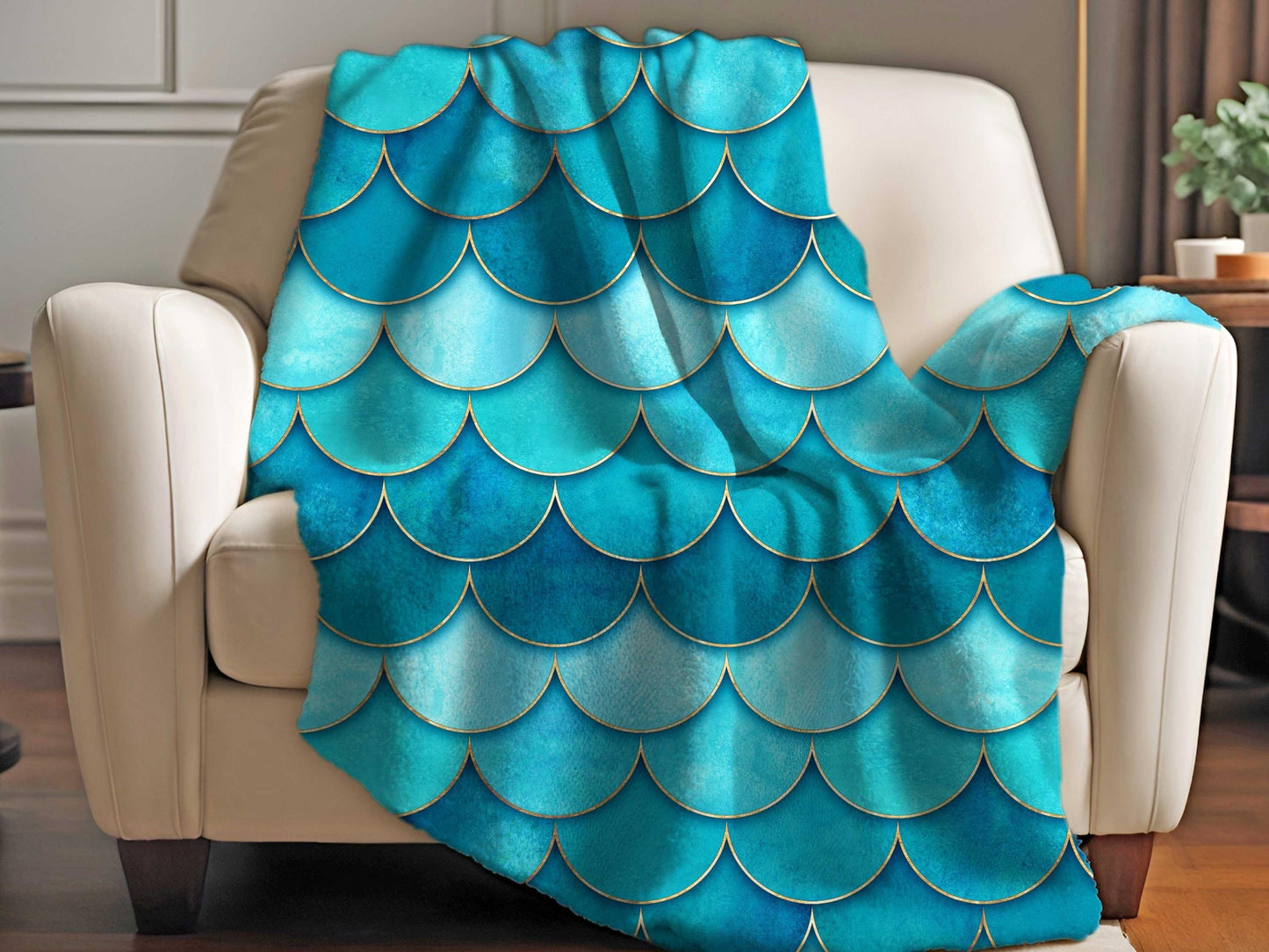 Sherpa Throw Blanket - Teal and Aqua Mermaid Scale Pattern - Soft Plush Throw Blanket-Jacobson Cottage