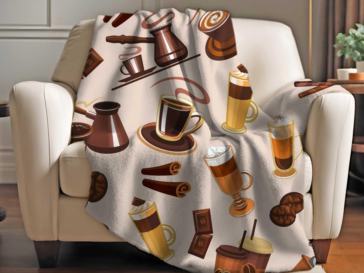 Sherpa Throw Blanket - Coffee Drink Pattern Cozy Barista Style - Soft Plush Throw Blanket-Jacobson Cottage