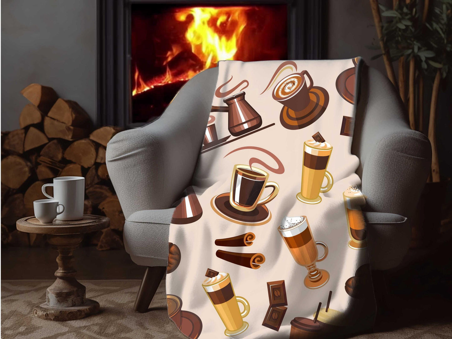 Sherpa Throw Blanket - Coffee Drink Pattern Cozy Barista Style - Soft Plush Throw Blanket-Jacobson Cottage
