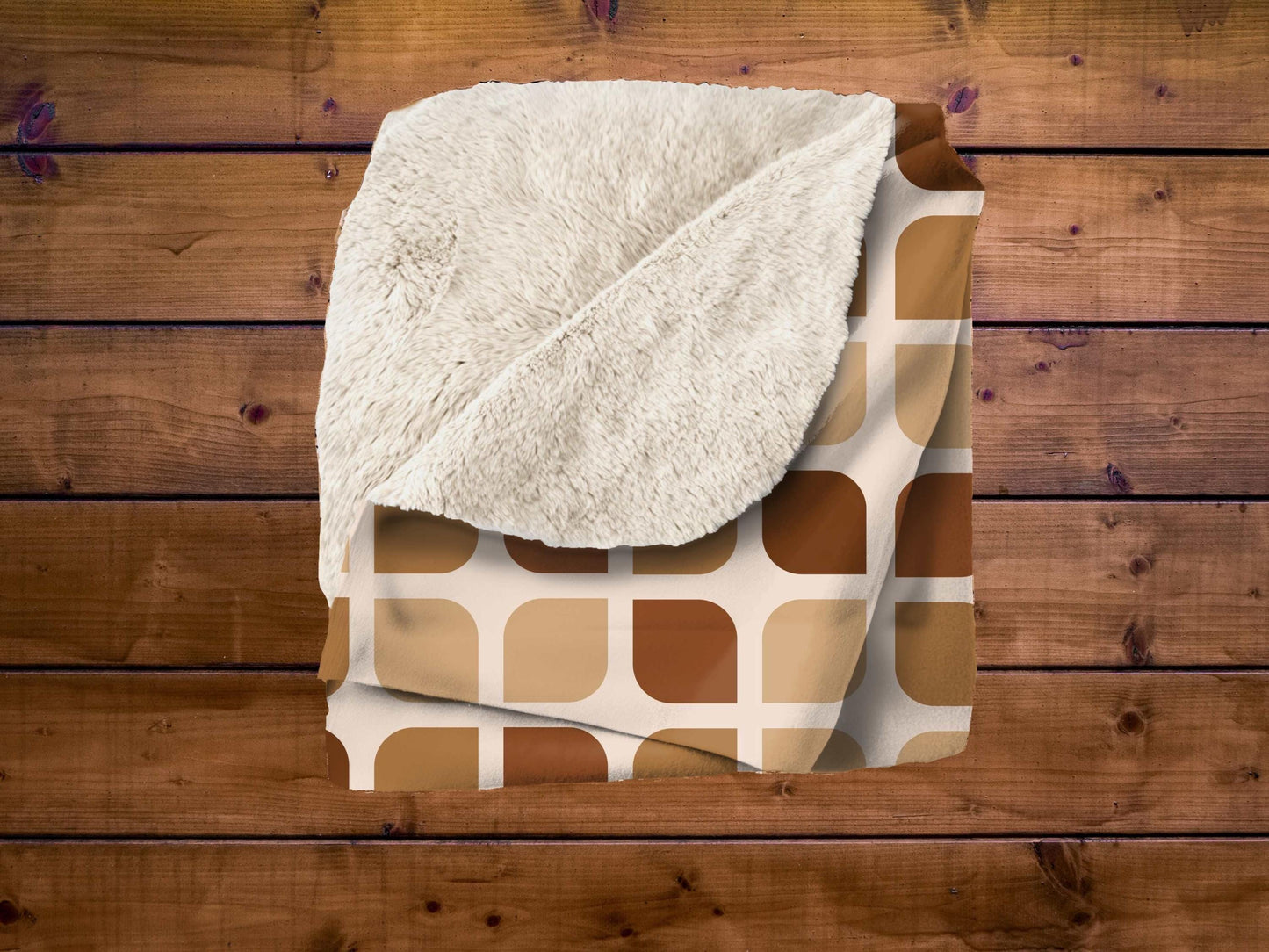 Sherpa Throw Blanket - Sherpa Blanket Retro Brown Geometric Square Pattern Mid-Century Modern - Soft Plush Throw Blanket-Jacobson Cottage