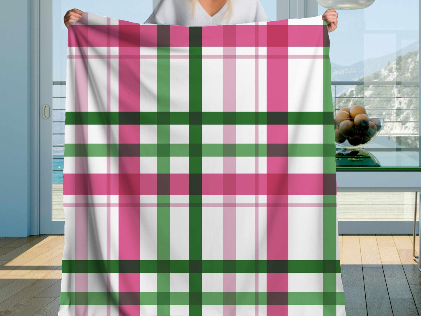 Sherpa Throw Blanket - Pink and Green Plaid Pattern Cozy Farmhouse Style - Soft Plush Throw Blanket-Jacobson Cottage