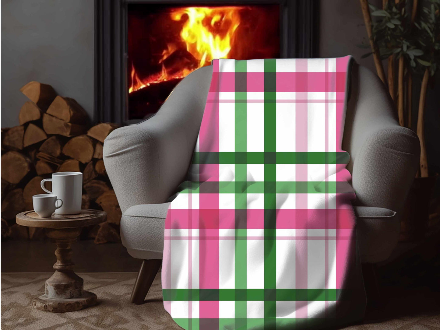 Sherpa Throw Blanket - Pink and Green Plaid Pattern Cozy Farmhouse Style - Soft Plush Throw Blanket-Jacobson Cottage