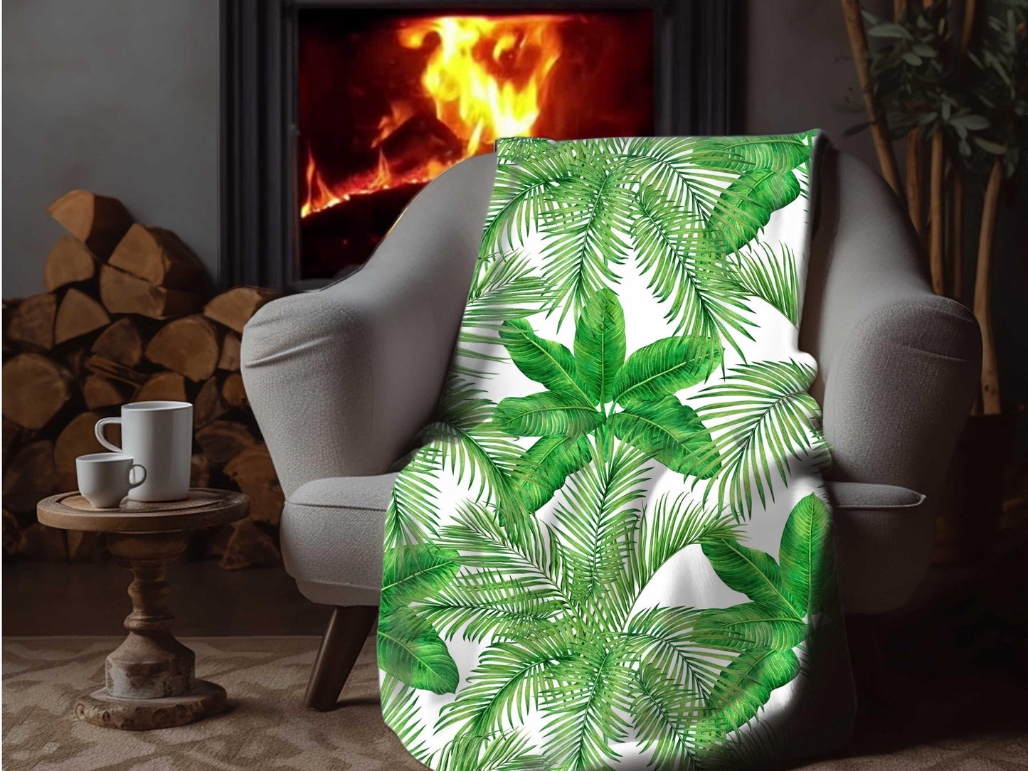 Sherpa Throw Blanket - Tropical Green Palm Leaf Pattern Jungle Inspired - Soft Plush Throw Blanket-Jacobson Cottage