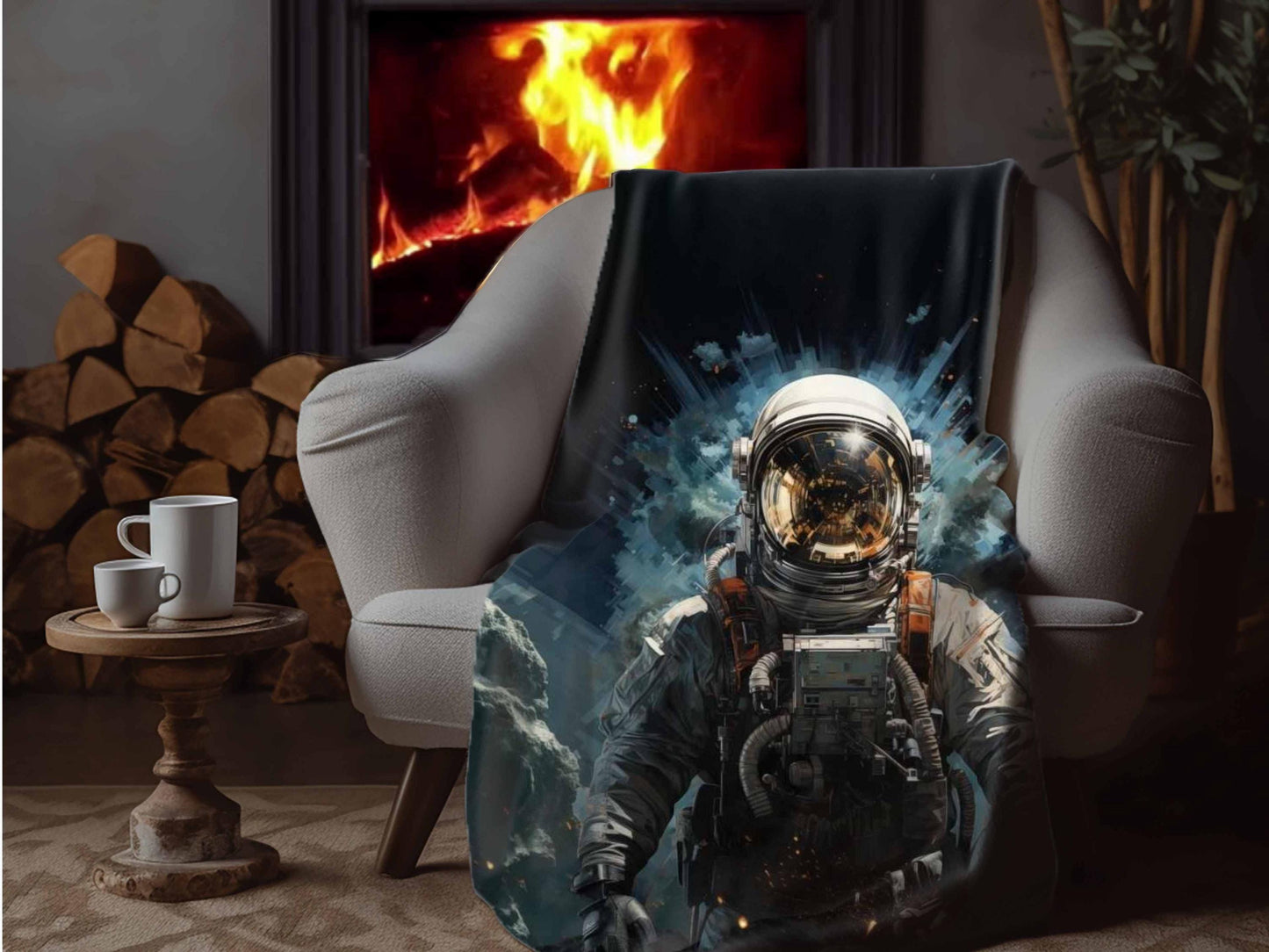 Sherpa Throw Blanket - Space Astronaut Illustration - Soft Plush Throw Blanket-Jacobson Cottage