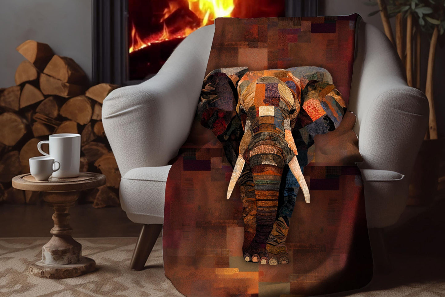 Sherpa Throw Blanket - Safari African Elephant Patchwork Design - Soft Plush Throw Blanket-Jacobson Cottage