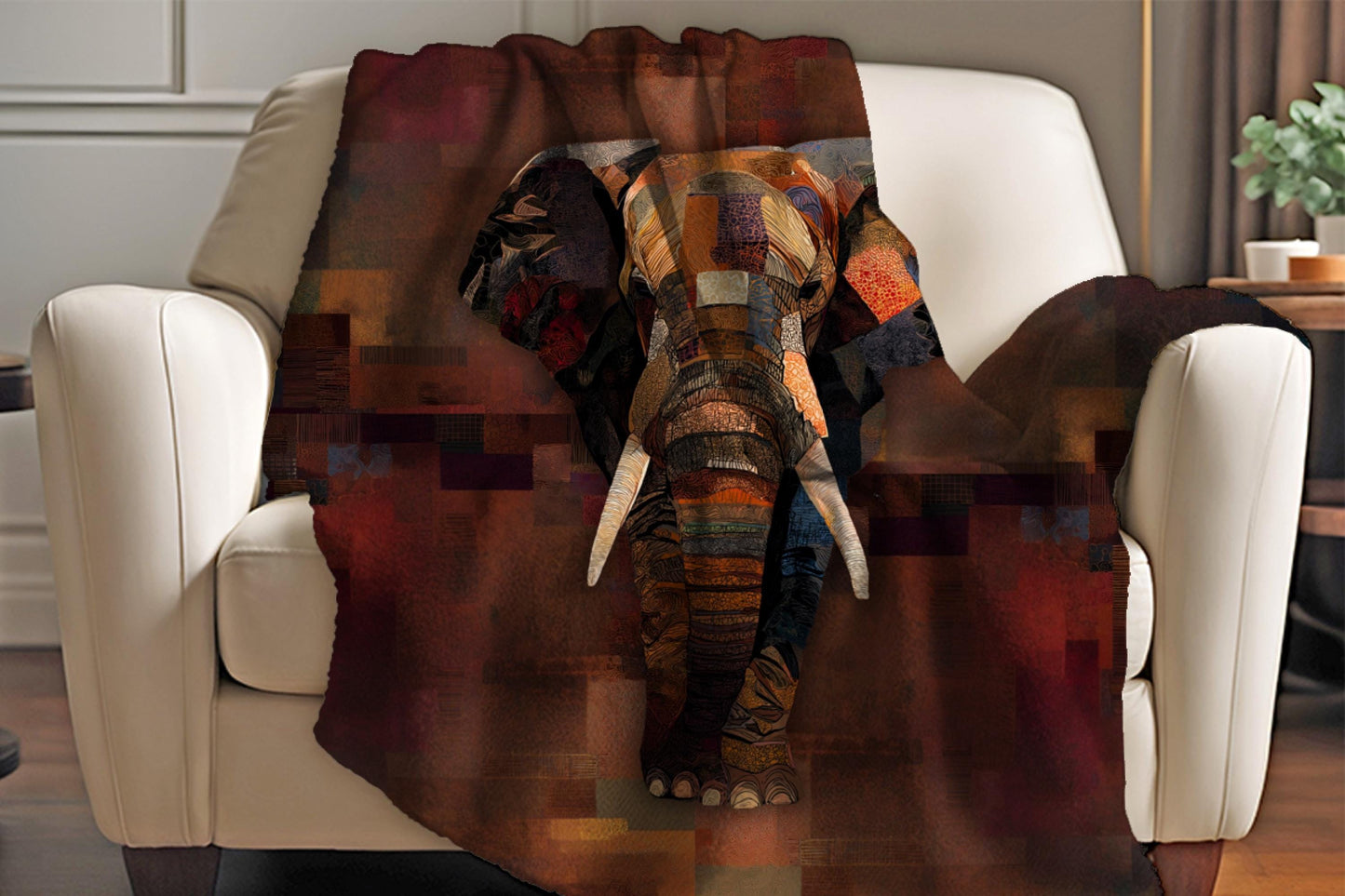Sherpa Throw Blanket - Safari African Elephant Patchwork Design - Soft Plush Throw Blanket-Jacobson Cottage