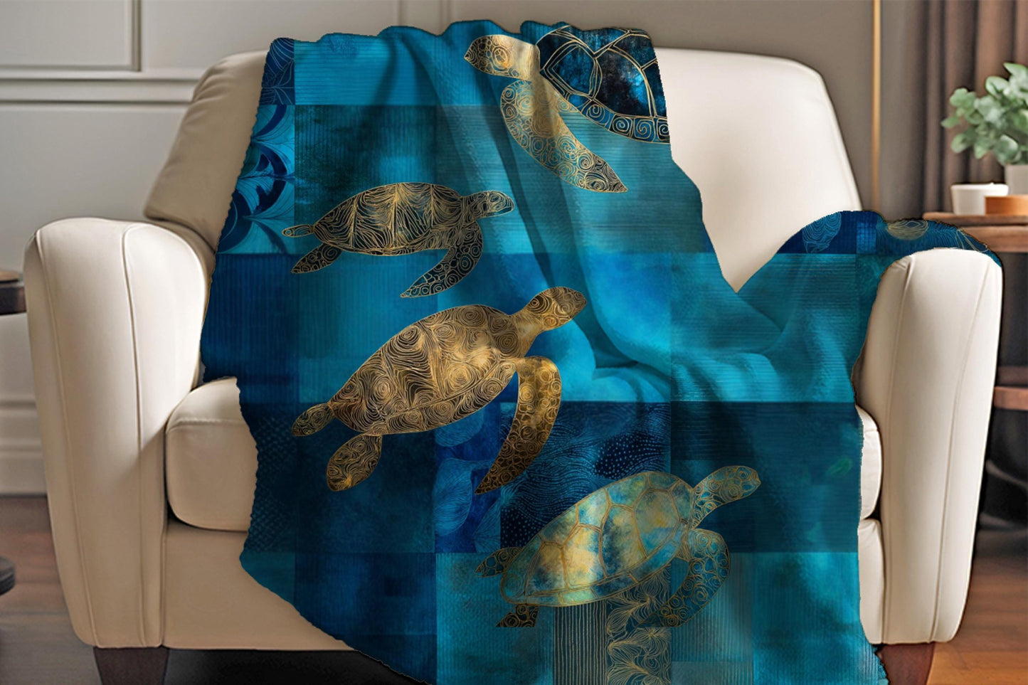 Sherpa Throw Blanket - Nautical Teal and Blues Sea Turtles patchwork design - Soft Plush Throw Blanket-Jacobson Cottage