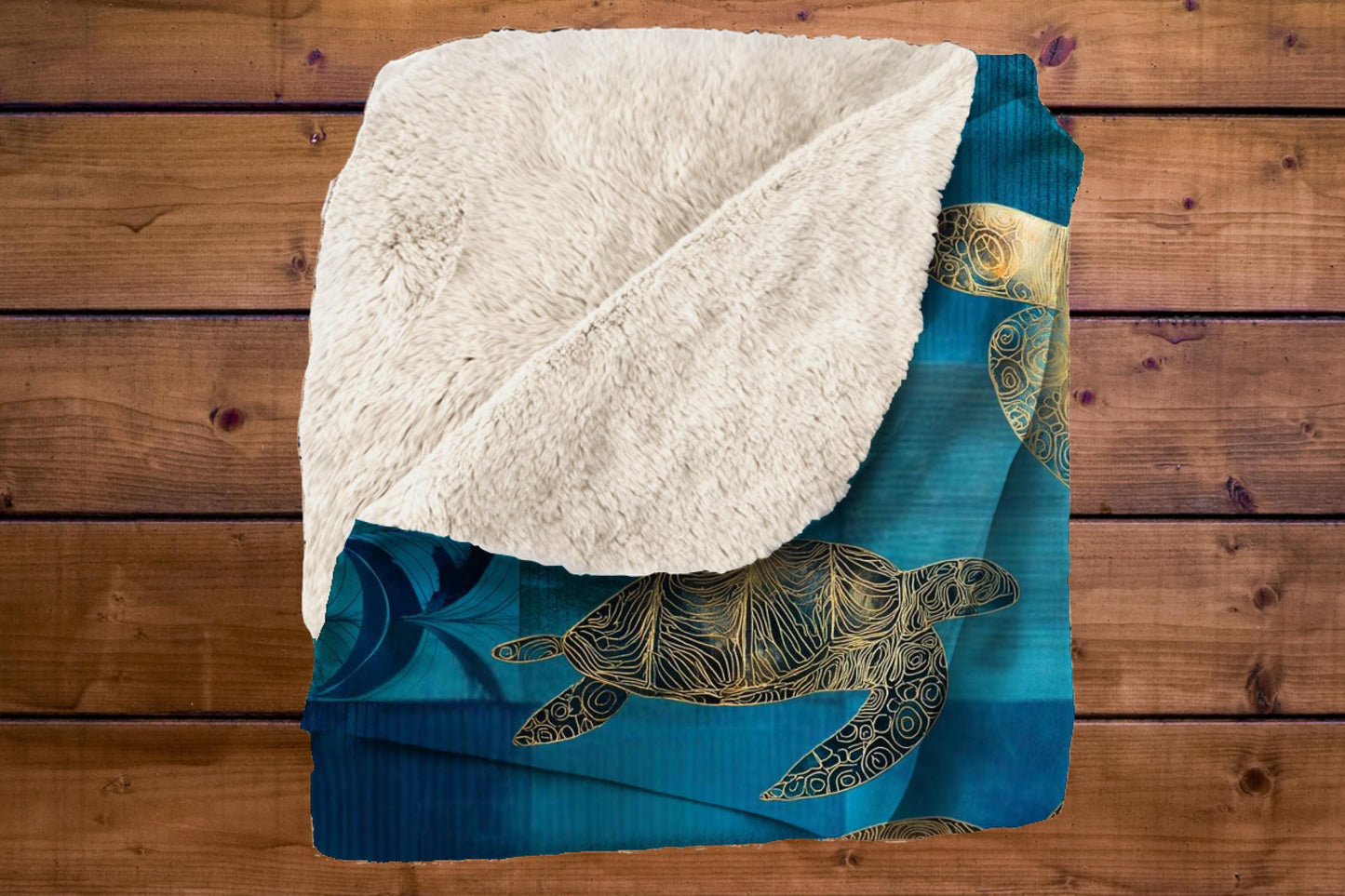 Sherpa Throw Blanket - Nautical Teal and Blues Sea Turtles patchwork design - Soft Plush Throw Blanket-Jacobson Cottage