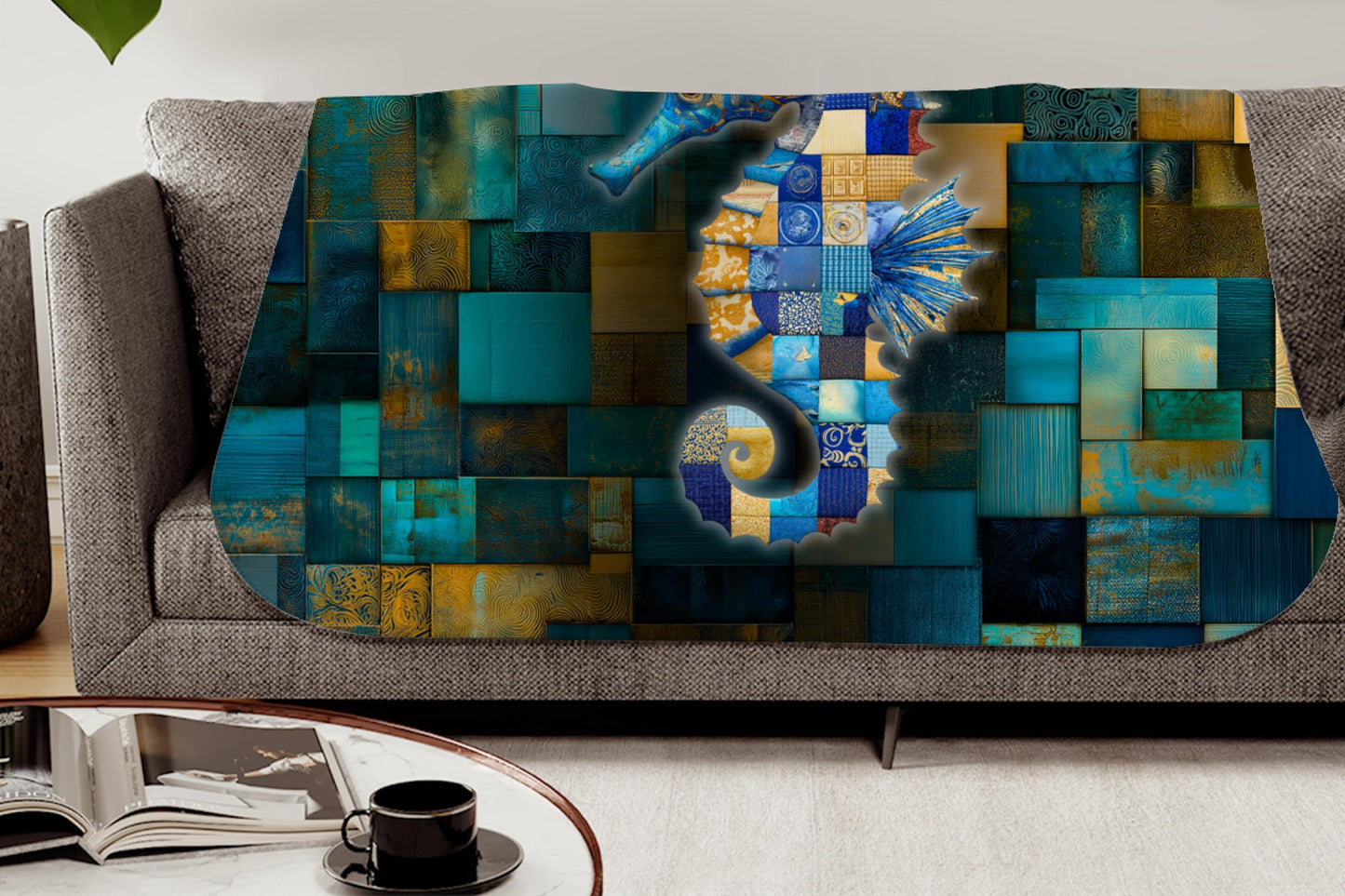 Sherpa Throw Blanket - Nautical Seahorse Blue Teal Patchwork Print Pattern Design - Soft Plush Throw Blanket-Jacobson Cottage