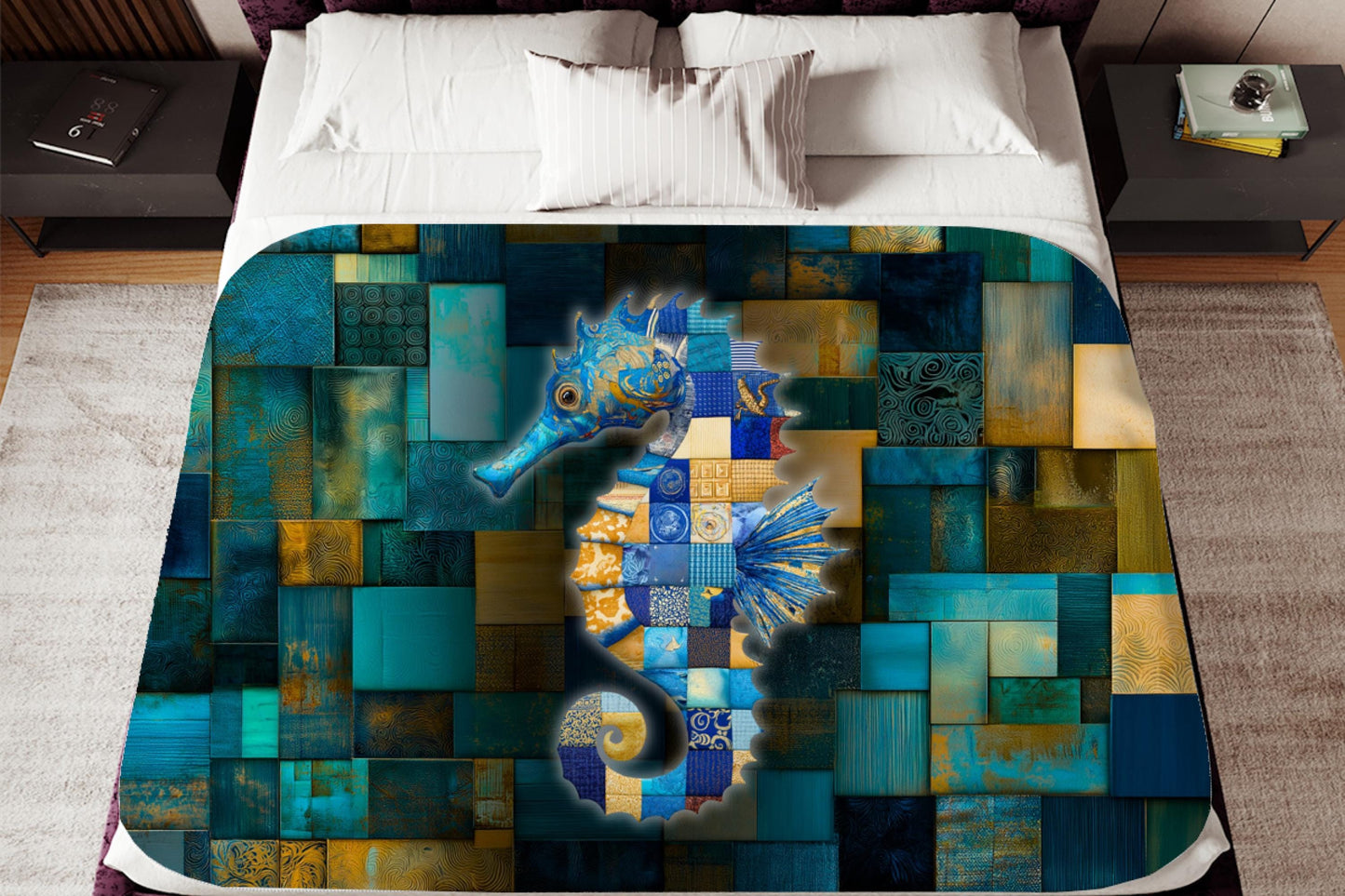 Sherpa Throw Blanket - Nautical Seahorse Blue Teal Patchwork Print Pattern Design - Soft Plush Throw Blanket-Jacobson Cottage