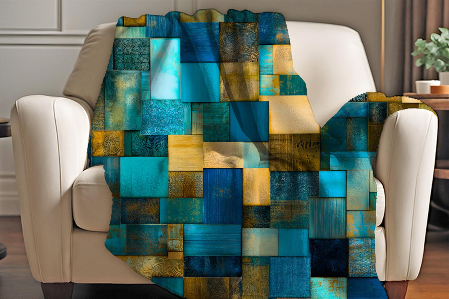 Sherpa Throw Blanket - Blue Teal Patchwork Quilt-print Pattern Design with Gold Accents - Soft Plush Throw Blanket-Jacobson Cottage