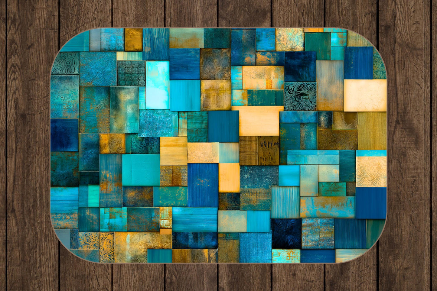 Sherpa Throw Blanket - Blue Teal Patchwork Quilt-print Pattern Design with Gold Accents - Soft Plush Throw Blanket-Jacobson Cottage