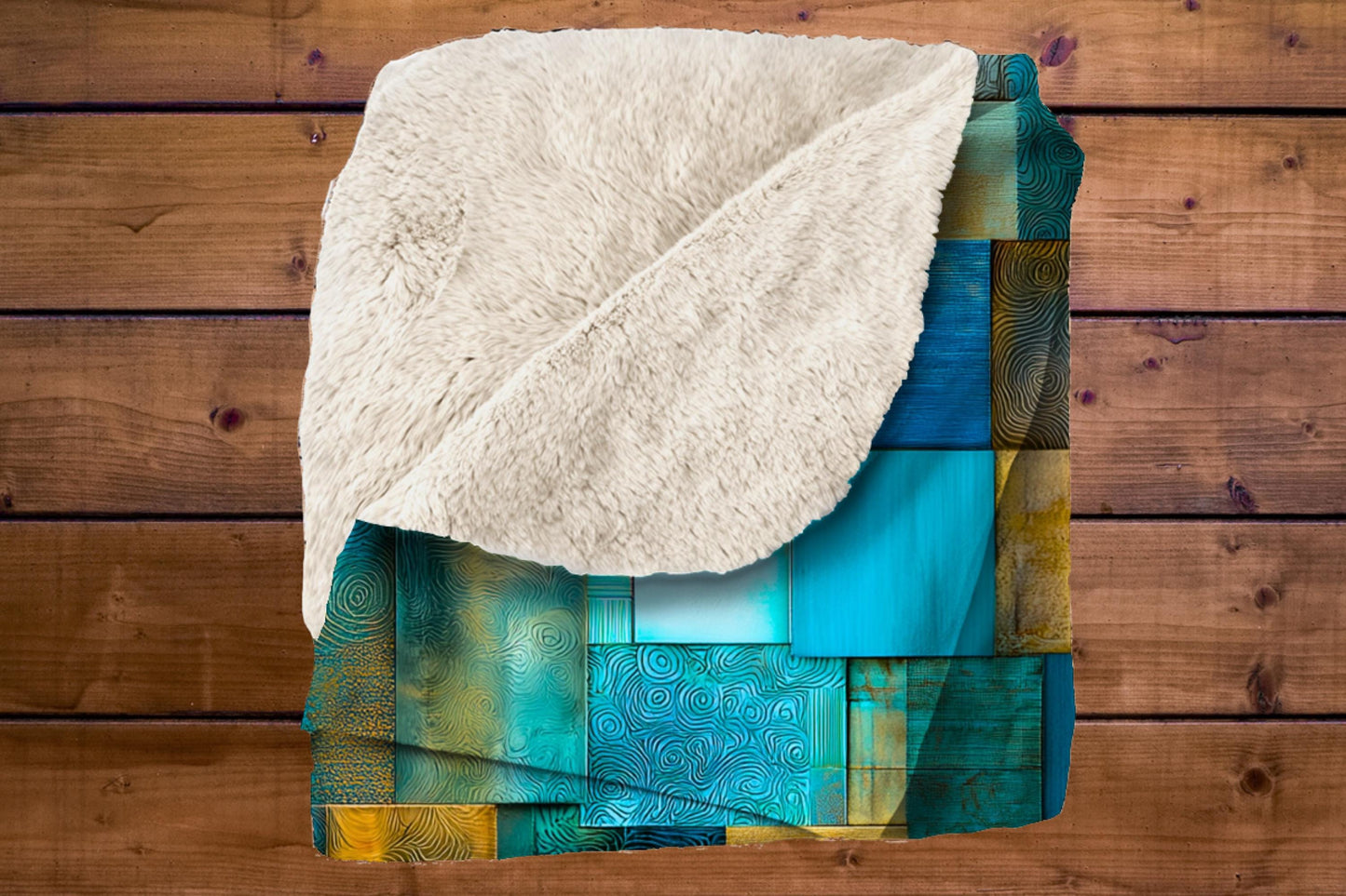 Sherpa Throw Blanket - Blue Teal Patchwork Quilt-print Pattern Design with Gold Accents - Soft Plush Throw Blanket-Jacobson Cottage