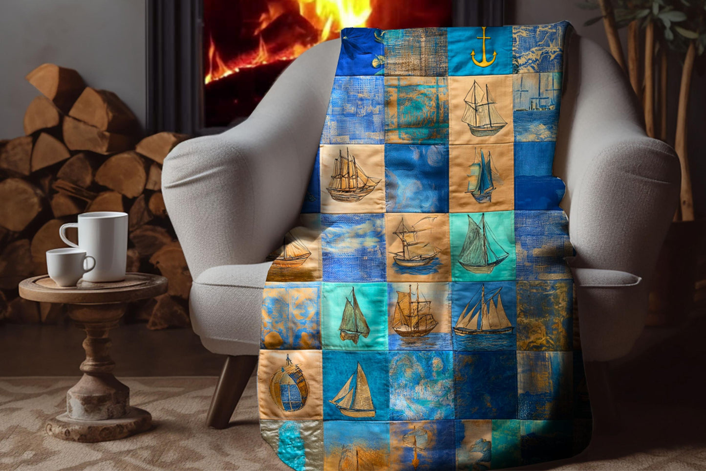 Sherpa Throw Blanket - Nautical Patchwork Print with Sailboats and Anchors - Soft Plush Throw Blanket-Jacobson Cottage