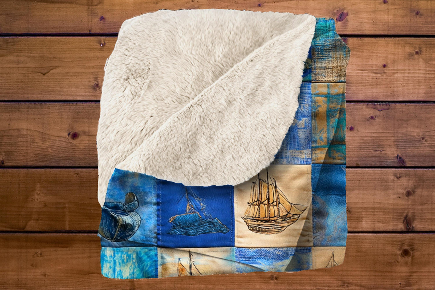 Sherpa Throw Blanket - Nautical Patchwork Print with Sailboats and Anchors - Soft Plush Throw Blanket-Jacobson Cottage