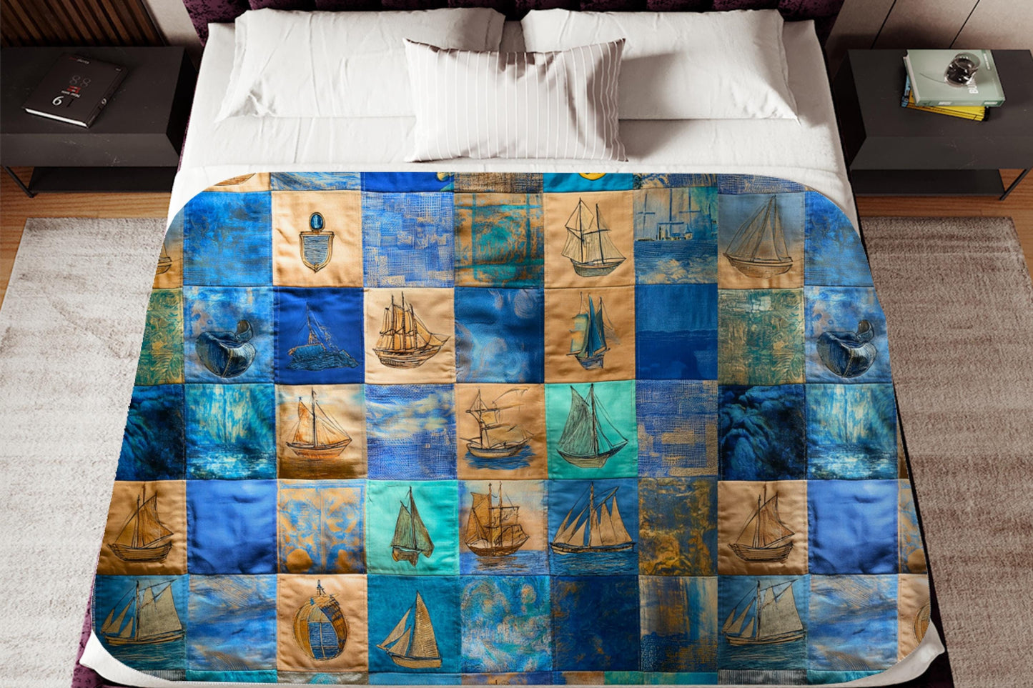 Sherpa Throw Blanket - Nautical Patchwork Print with Sailboats and Anchors - Soft Plush Throw Blanket-Jacobson Cottage