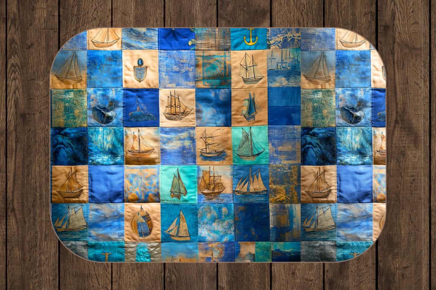 Sherpa Throw Blanket - Nautical Patchwork Print with Sailboats and Anchors - Soft Plush Throw Blanket-Jacobson Cottage