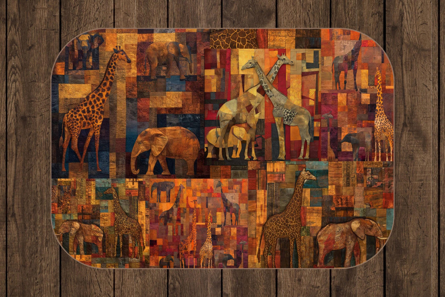 Sherpa Throw Blanket - Safari Patchwork Design with Giraffes and Elephants - Soft Plush Throw Blanket-Jacobson Cottage