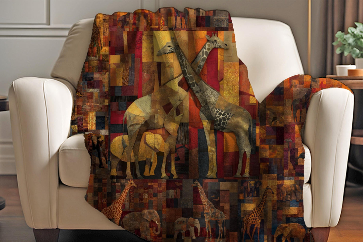 Sherpa Throw Blanket - African Collage Giraffe and Elephant Art Soft Plush Throw Blanket-Jacobson Cottage