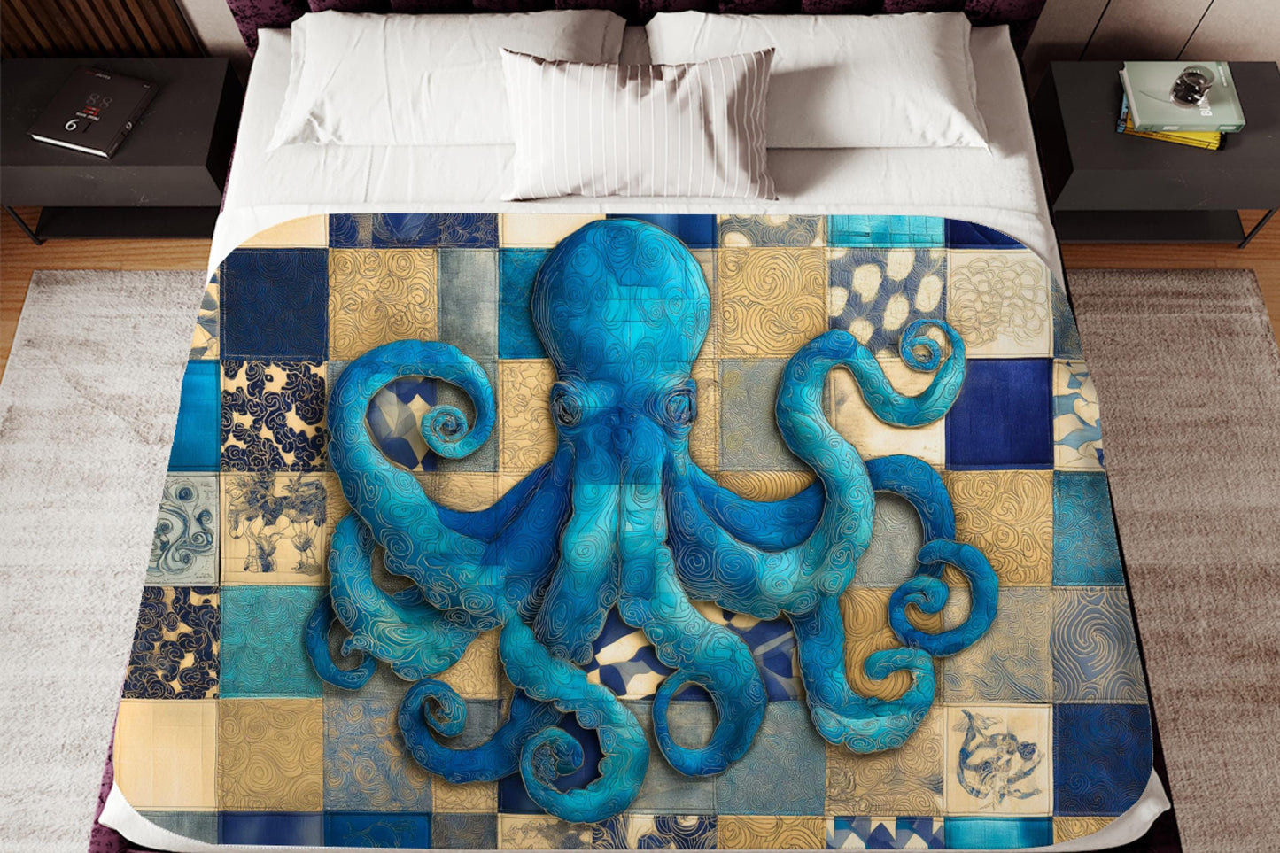 Sherpa Throw Blanket - Nautical Octopus Blue Teal Patchwork Print Pattern Design - Soft Plush Throw Blanket-Jacobson Cottage