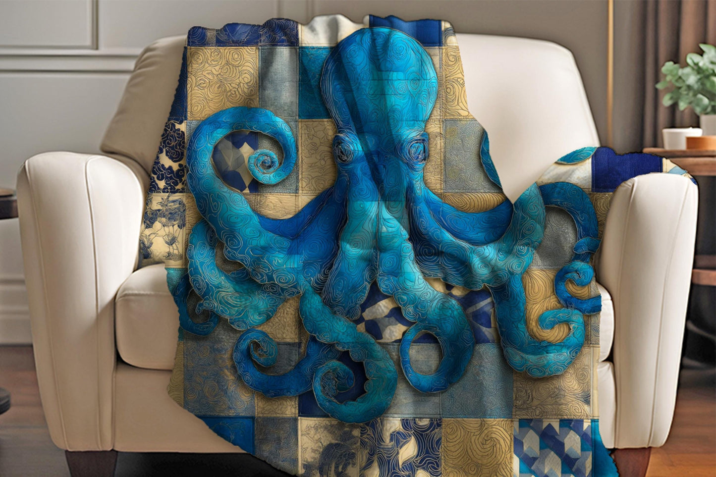 Sherpa Throw Blanket - Nautical Octopus Blue Teal Patchwork Print Pattern Design - Soft Plush Throw Blanket-Jacobson Cottage