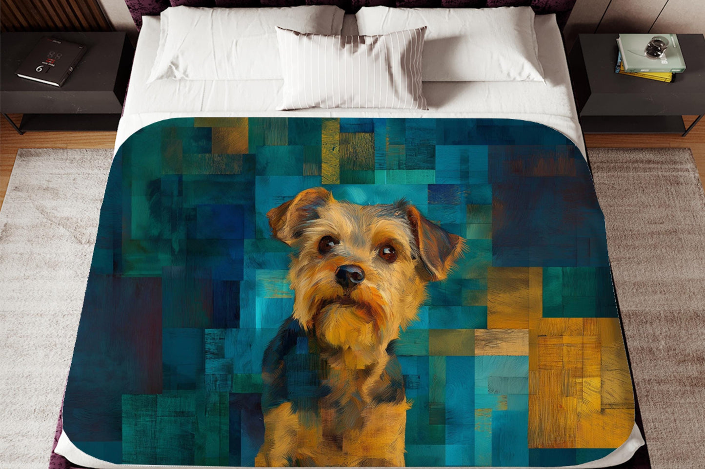 Sherpa Throw Blanket - Yorkshire Terrier Painting with Teal Background - Soft Plush Throw Blanket-Jacobson Cottage