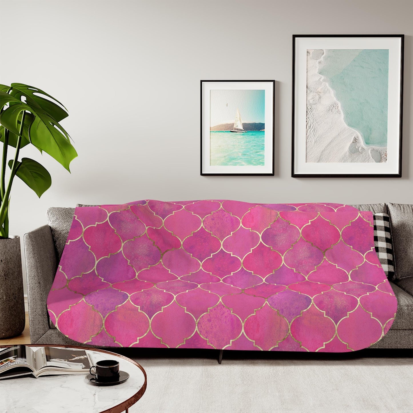 Sherpa Throw Blanket - Pink and Purple Moroccan Trellis with Gold Accents - Soft Plush Throw Blanket-Jacobson Cottage