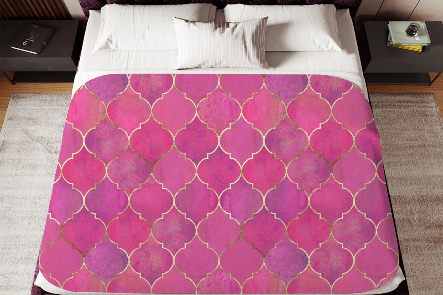 Sherpa Throw Blanket - Pink and Purple Moroccan Trellis with Gold Accents - Soft Plush Throw Blanket-Jacobson Cottage