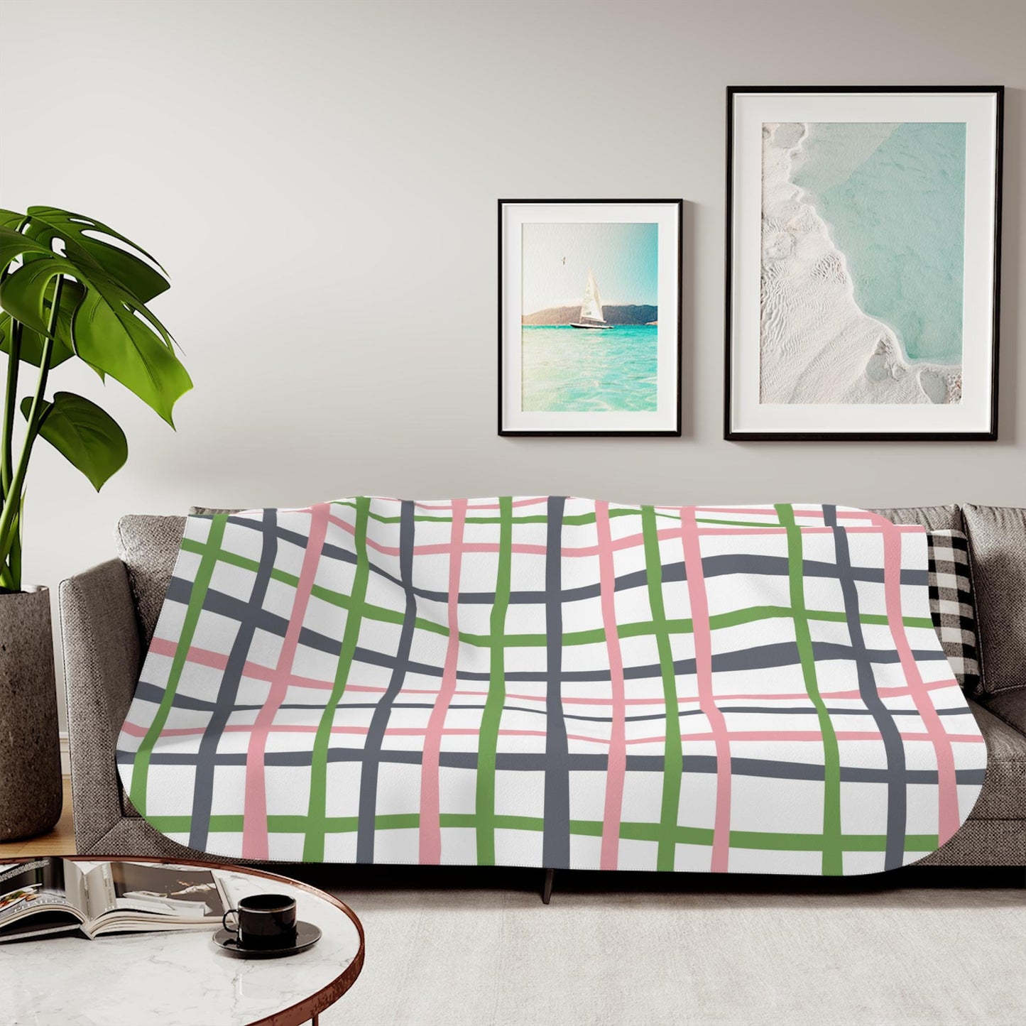 Sherpa Throw Blanket - Pink Green Gray Plaid Checkered Pattern - Soft Plush Throw Blanket-Jacobson Cottage