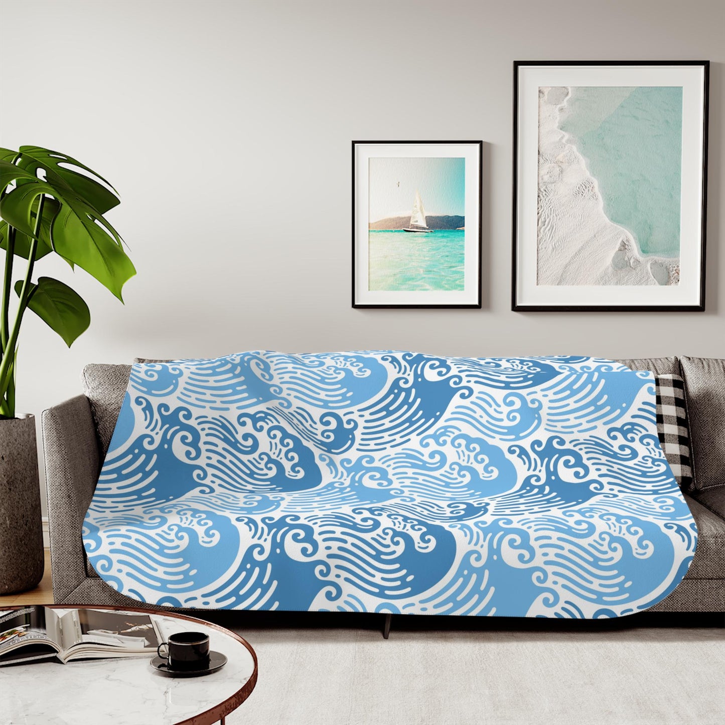Sherpa Throw Blanket - Blue Ocean Waves - Soft Plush Throw Blanket-Jacobson Cottage