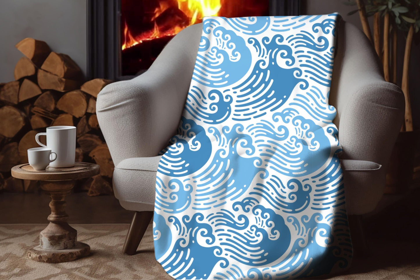 Sherpa Throw Blanket - Blue Ocean Waves - Soft Plush Throw Blanket-Jacobson Cottage