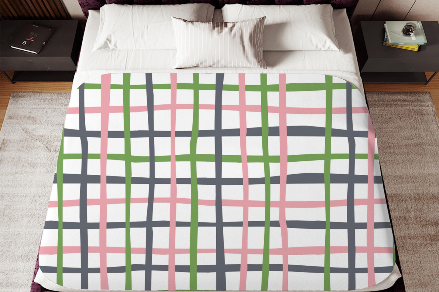 Sherpa Throw Blanket - Pink Green Gray Plaid Checkered Pattern - Soft Plush Throw Blanket-Jacobson Cottage