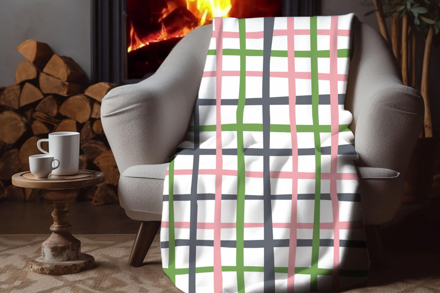 Sherpa Throw Blanket - Pink Green Gray Plaid Checkered Pattern - Soft Plush Throw Blanket-Jacobson Cottage