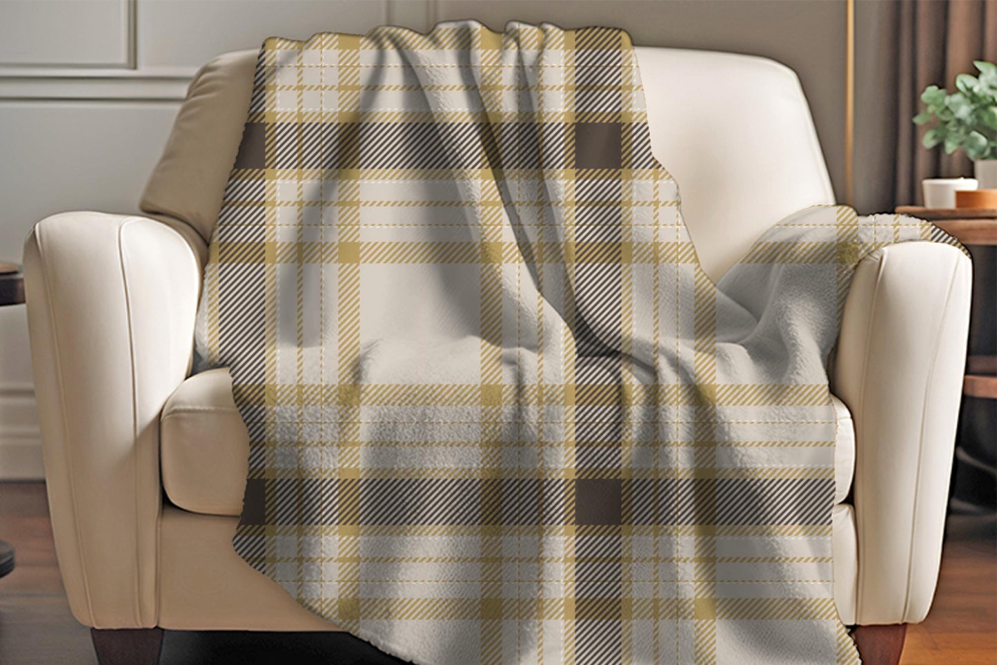 Sherpa Throw Blanket - Beige and Brown Plaid Tartan Pattern - Soft Plush Throw Blanket-Jacobson Cottage