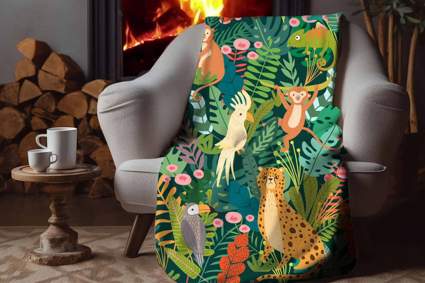Sherpa Throw Blanket - Cheetah and jungle animals art - Soft Plush Throw Blanket-Jacobson Cottage