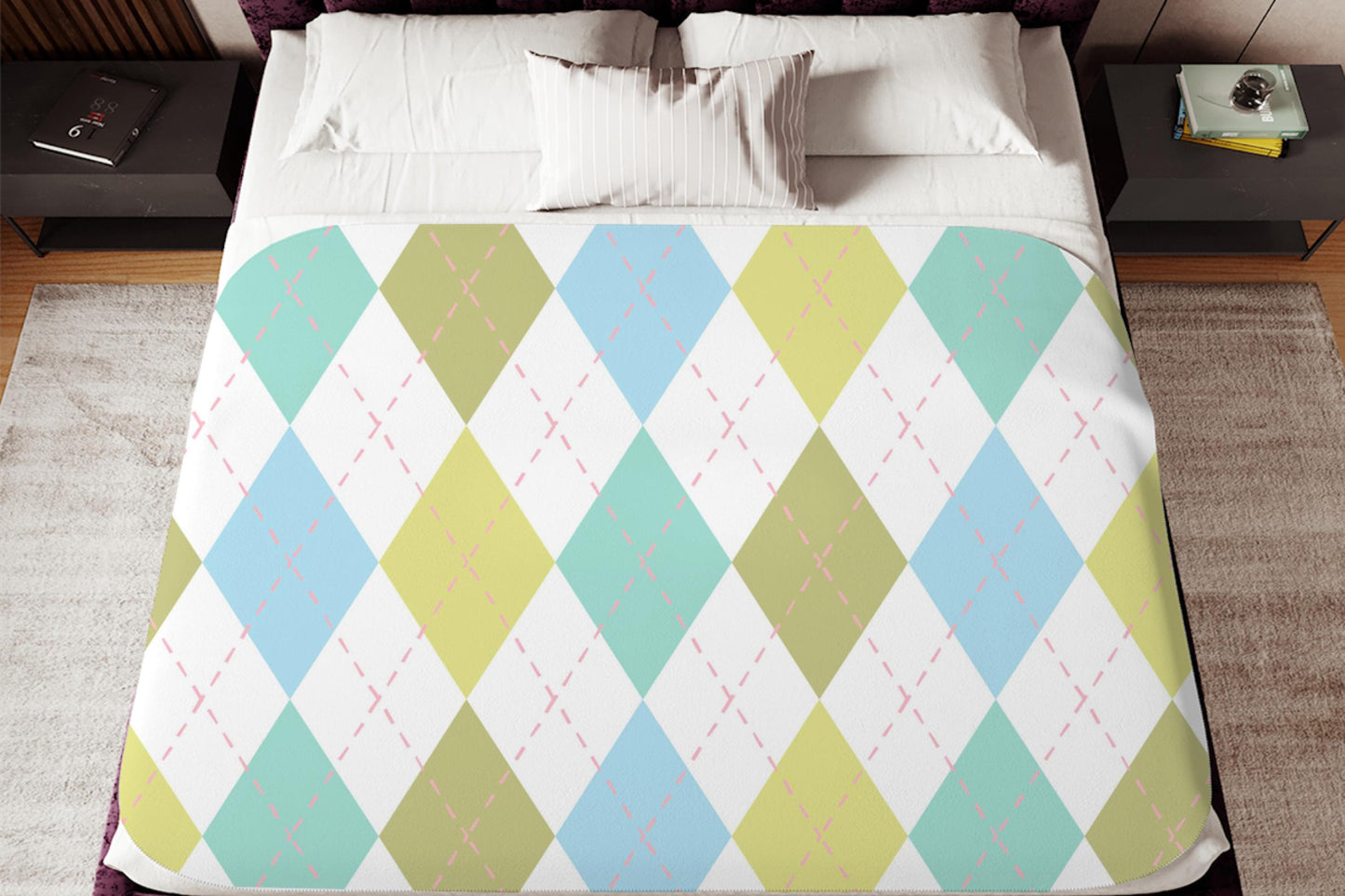 Sherpa Throw Blanket - Pastel Argyle Diamond Pattern - Soft Plush Throw Blanket-Jacobson Cottage