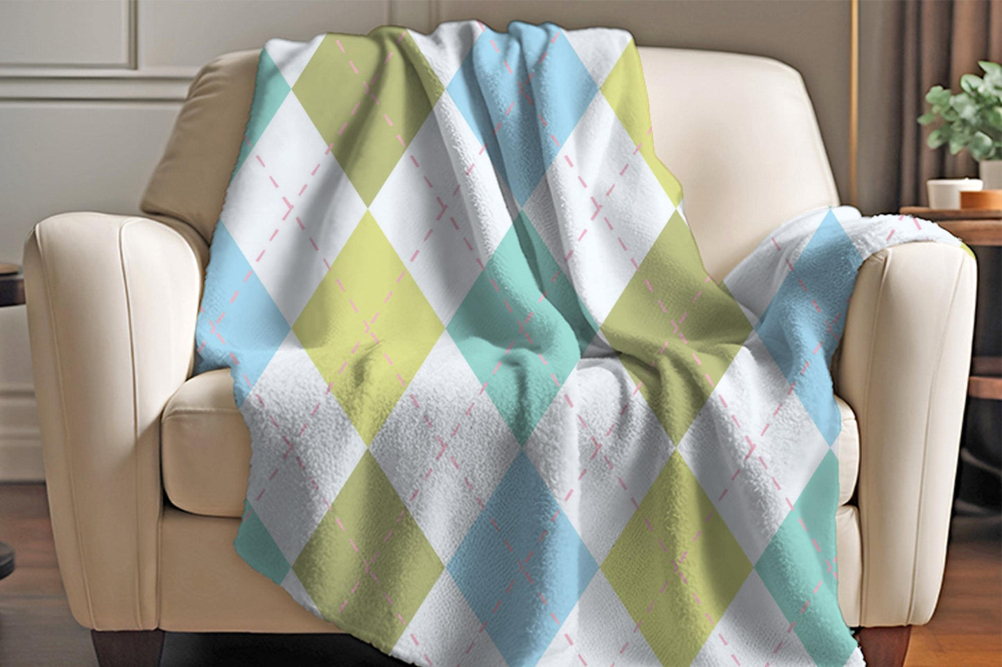Sherpa Throw Blanket - Pastel Argyle Diamond Pattern - Soft Plush Throw Blanket-Jacobson Cottage