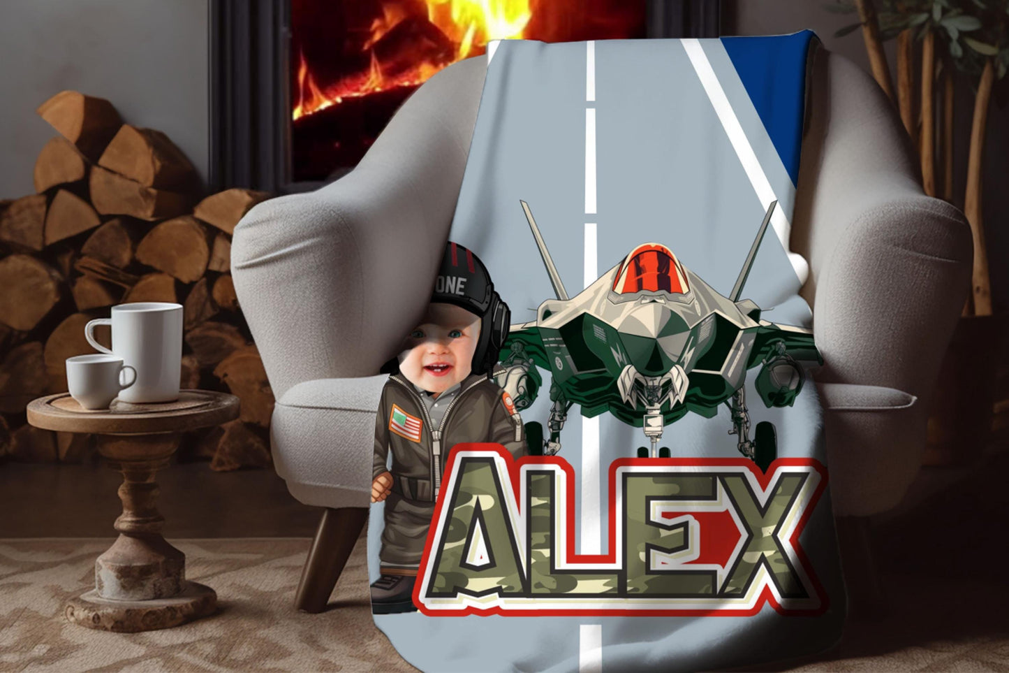 Sherpa Throw Blanket - Baby Pilot with Fighter Jet Personalized Custom Face and Name - Soft Plush Throw Blanket-Jacobson Cottage