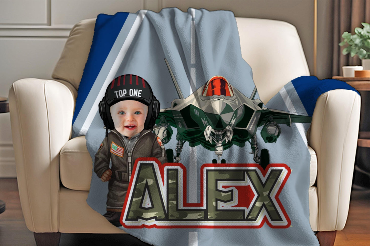 Sherpa Throw Blanket - Baby Pilot with Fighter Jet Personalized Custom Face and Name - Soft Plush Throw Blanket-Jacobson Cottage